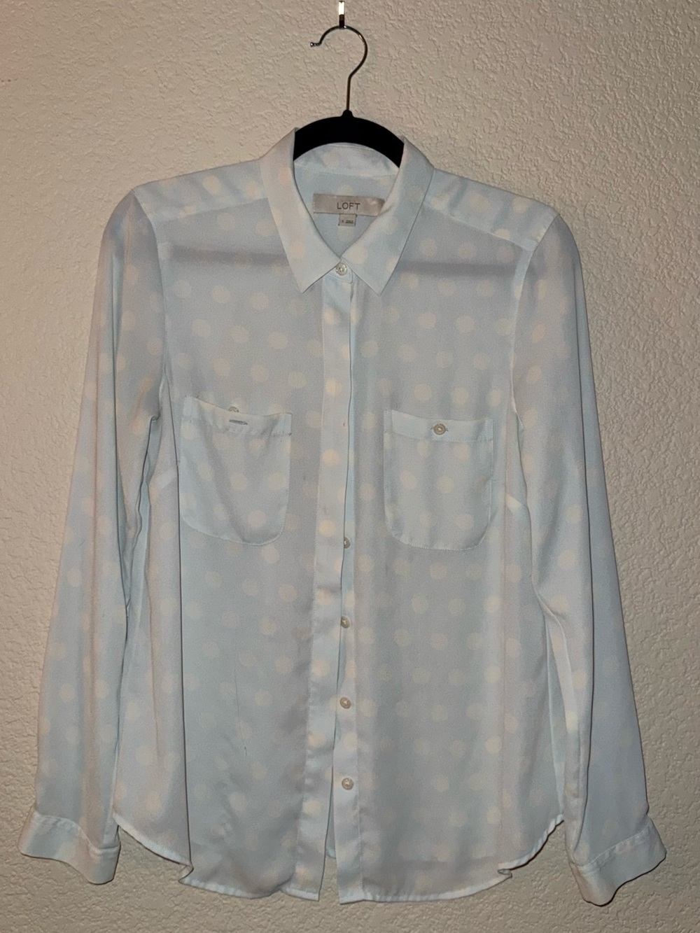 LOFT Pale Blue Polka Dot Button-Down Blouse